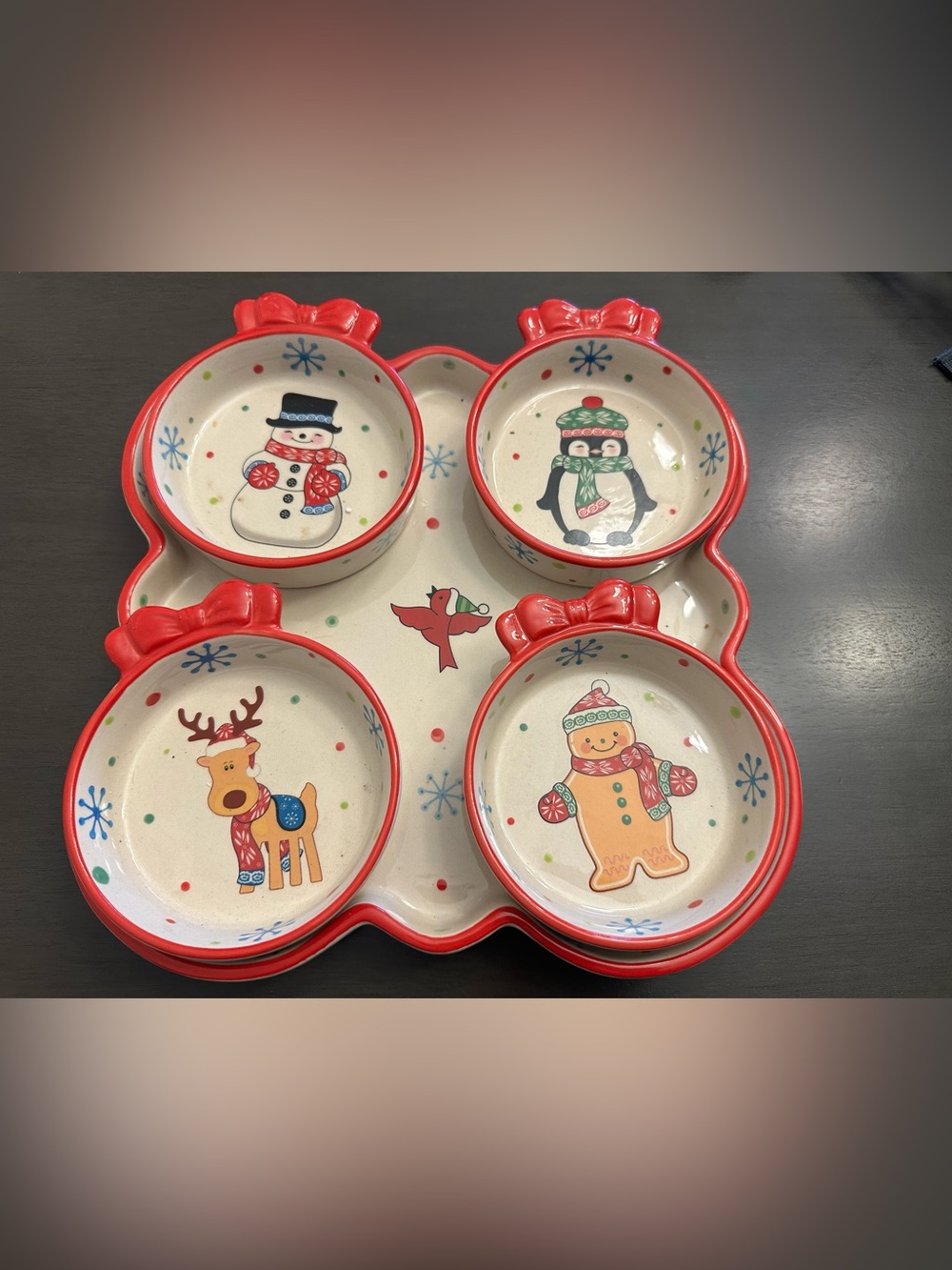 Temptations Winter Holiday Serving Set Charcuterie Tray Dip Bowls 5 Piece Whimsy
